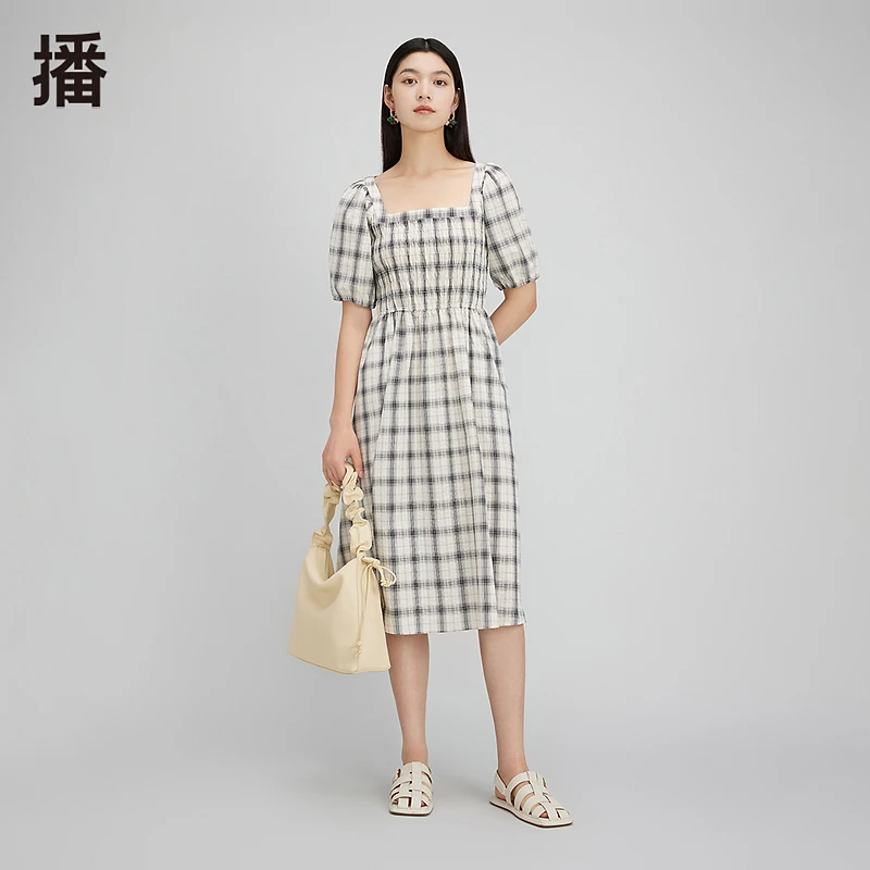 【达人专属】播文艺气质格纹方领连衣裙DDQ3LD5051微光日记显瘦