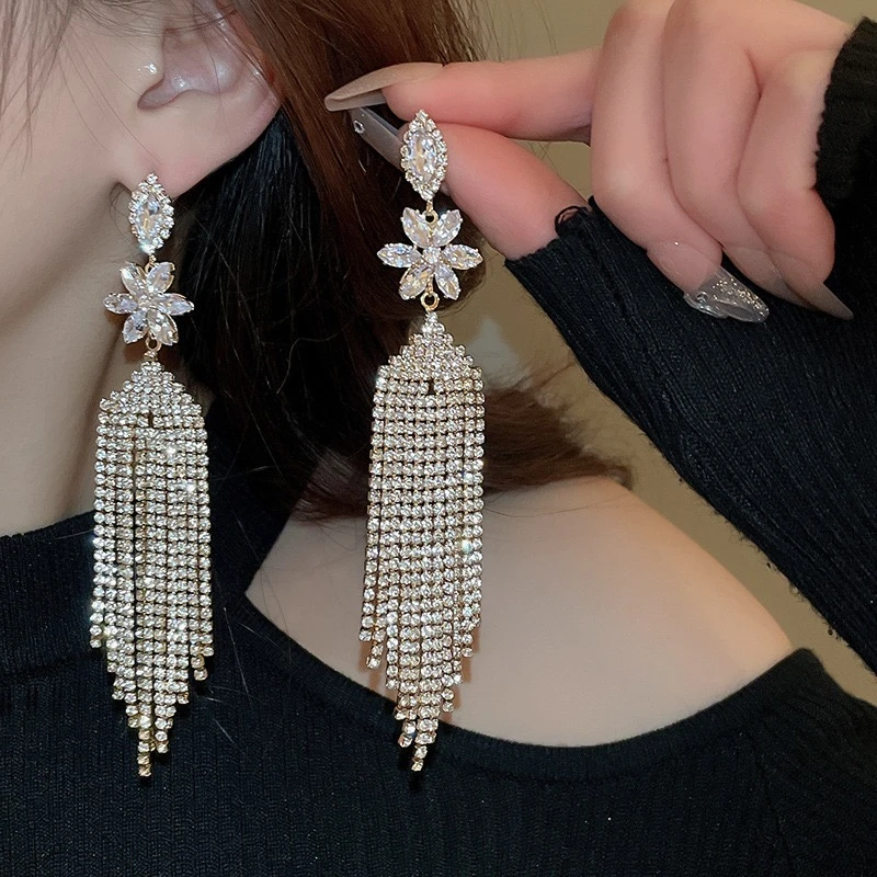 铜合金耳饰 爆闪气质流苏耳环欧美满钻高级感礼服显脸小耳饰B497