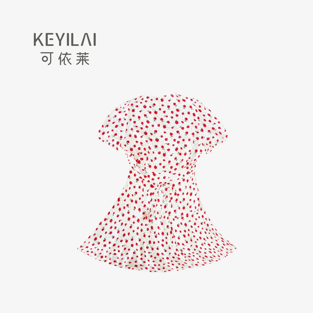 可依莱复古法式荷叶边高腰系带甜美裹身裙CXCI0940
