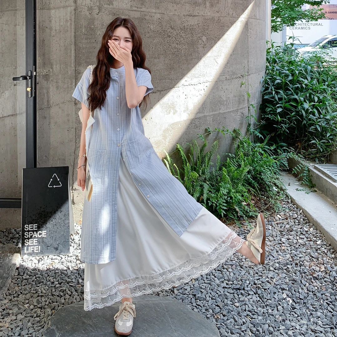 蓝色条纹衬衫连衣裙子女夏季2025新款初夏穿搭度假风法式叠穿长裙