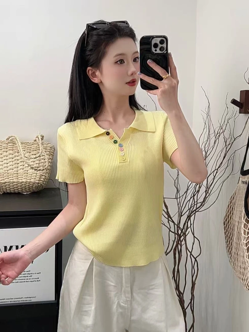 【678号】正版韩系v领气质彩色扣子正肩短袖套头显瘦甜美t恤女时尚