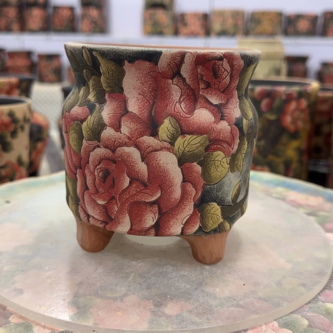 紫砂花盆精品多肉手绘花盆