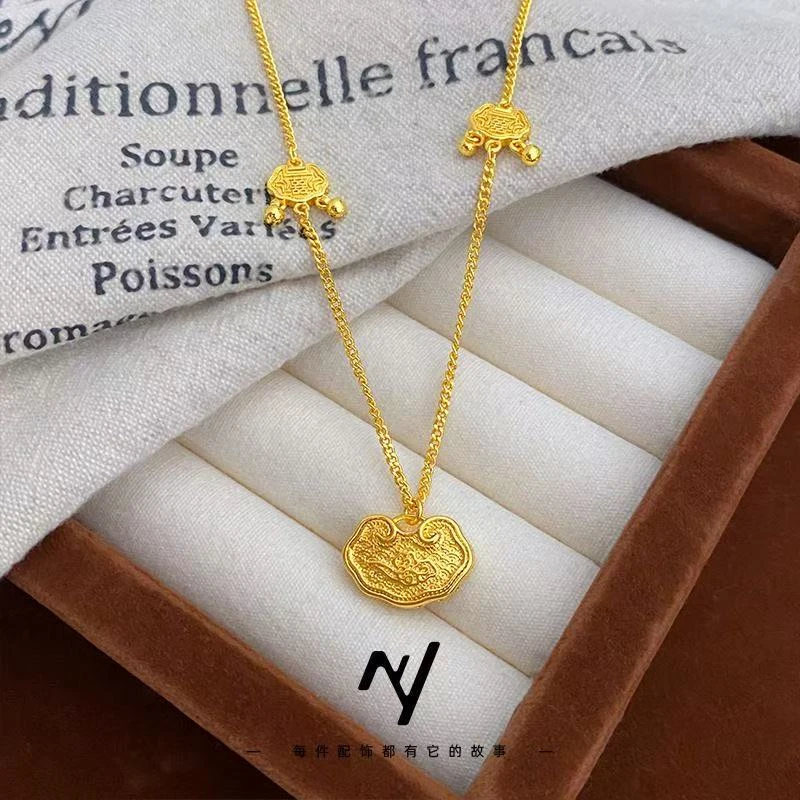 合金项链 矿合金国风女款项链 新中式双喜祥云锁骨链长命锁套链