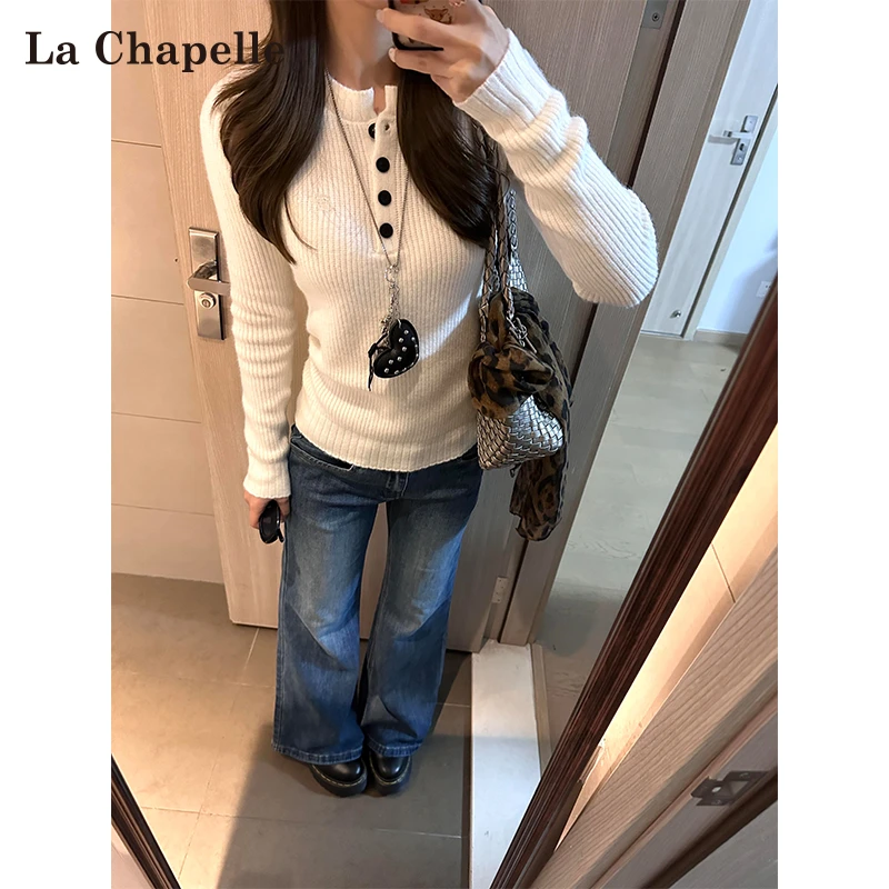 拉夏贝尔白色修身内搭毛衣女秋冬慵懒松弛高级感长袖针织打底上衣