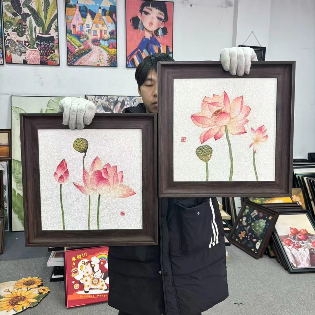 法式复古风荷花卧室床头挂画复古餐厅玄关装饰艺术壁画4040
