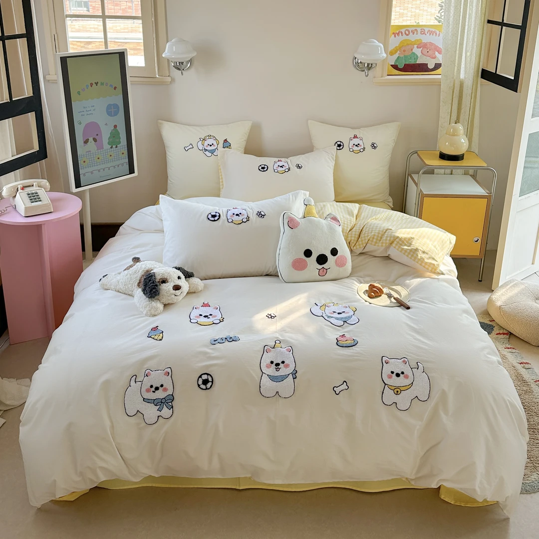 芊禾梦 西高地 全棉水洗棉四件套三件套绣花可爱小清新风！