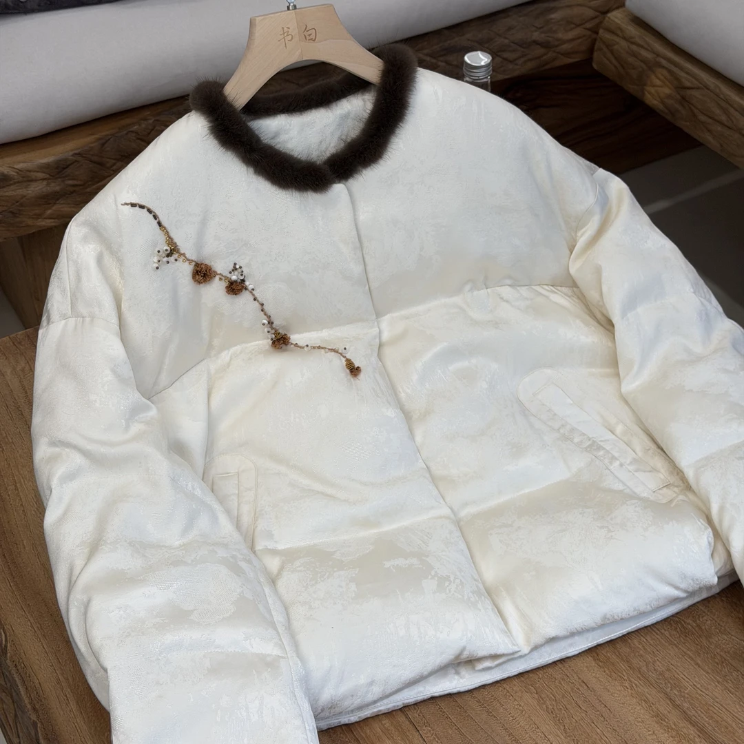 【寒玉】新中式交织提花白鹅绒拼接水貂女士鹅绒服文艺高级气质#59
