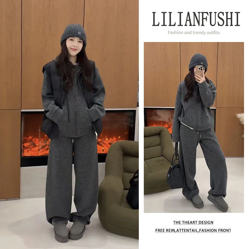 时尚穿搭2025秋冬新款百搭马甲外套长袖连帽上衣显瘦阔腿裤三件套