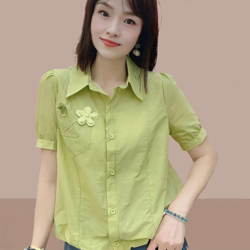 时尚短袖衬衫女装2025年夏季新款小个子宽松显瘦洋气减龄短款衬衣