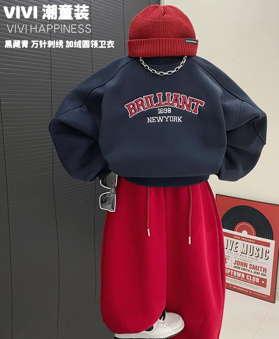 现货VIVI童装2【迎接跨年】冬款亲子中大童黑藏青洋气刺绣圆领卫衣