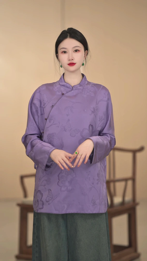 「画平生」紫色斜襟百搭夏季复古日常民族风长袖重工气质显瘦春夏