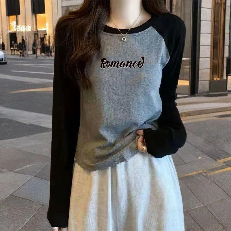 纯棉长袖打底显瘦t恤女圆领撞色百搭秋衣韩版春秋季时尚印花上衣