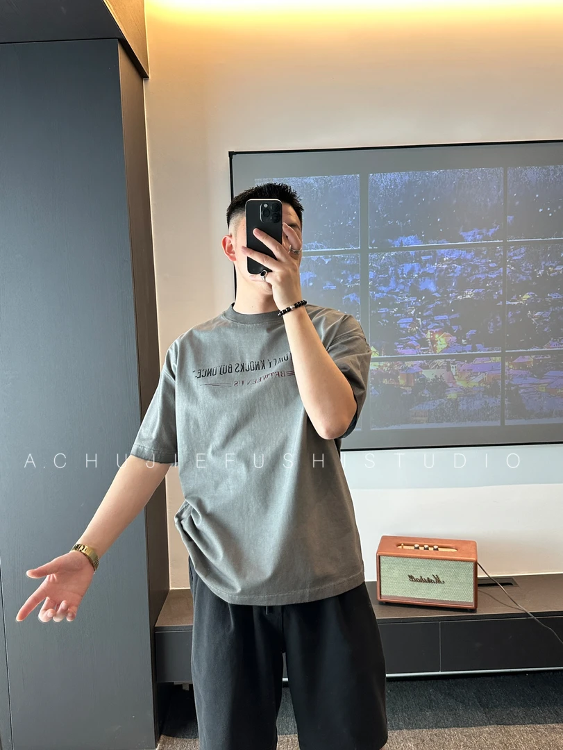 CHUJIE韩版宽松重工水洗扎染喷绘字母短袖T