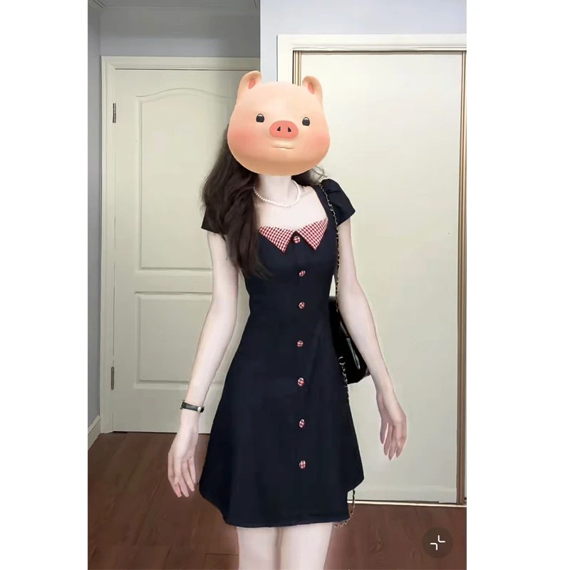 大码【浆果芝士】夏季新款格子拼接设计感连衣裙撞色洋气显瘦小裙子