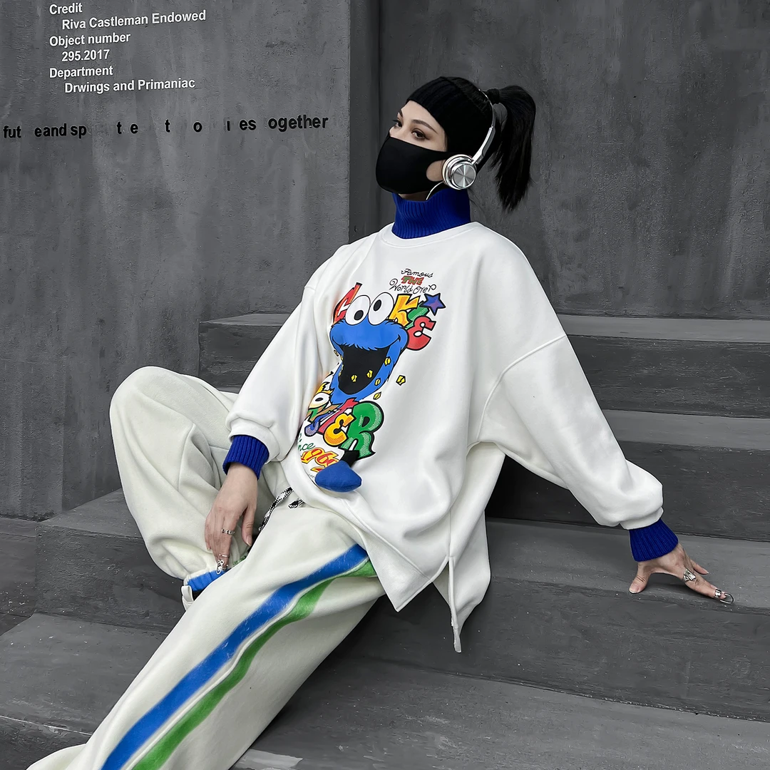 多福猫潮牌秋冬加绒半高领卫衣女2025新款酷酷风女装套头炸街上衣