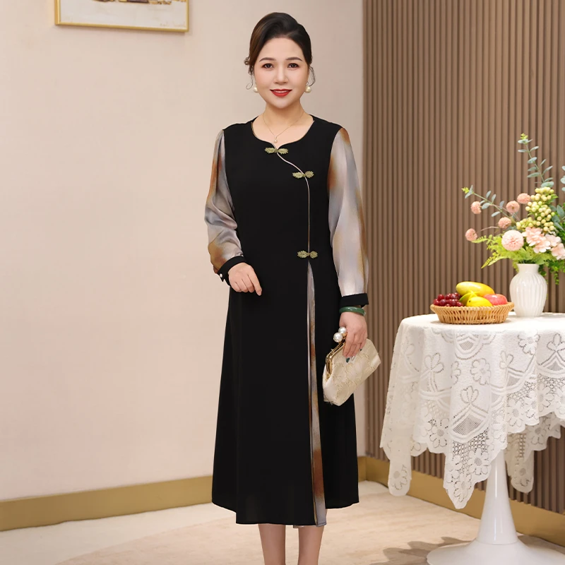 中老年女装连衣裙洋气假两件新中式妈妈装收腰显瘦加肥大码a字裙