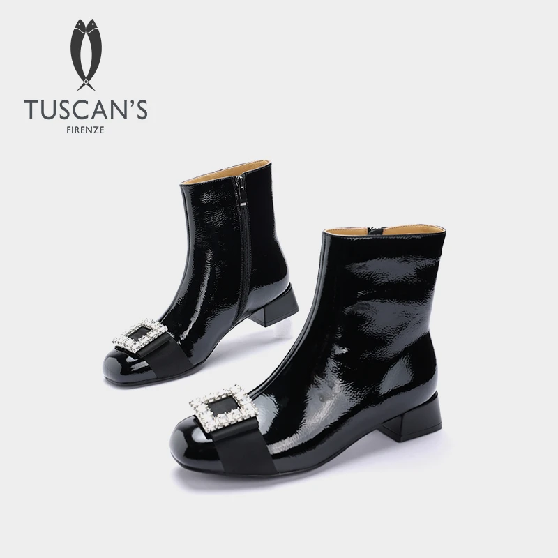 TUSCAN'S双鱼水钻方扣粗跟女短靴低跟短筒真皮裸靴时尚拉链时装靴
