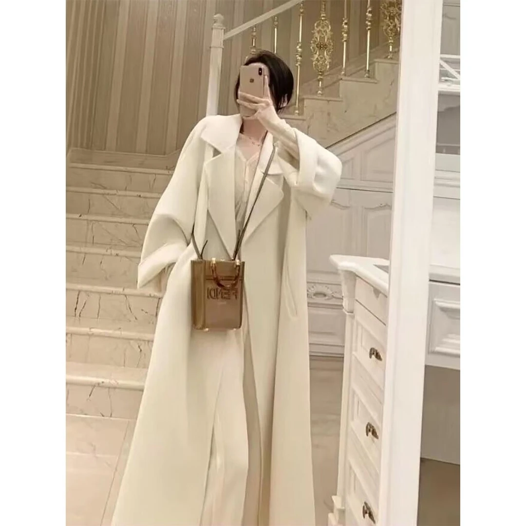 白色双面羊绒大衣女中长款2025秋冬流行新款赫本风高级感毛呢外套