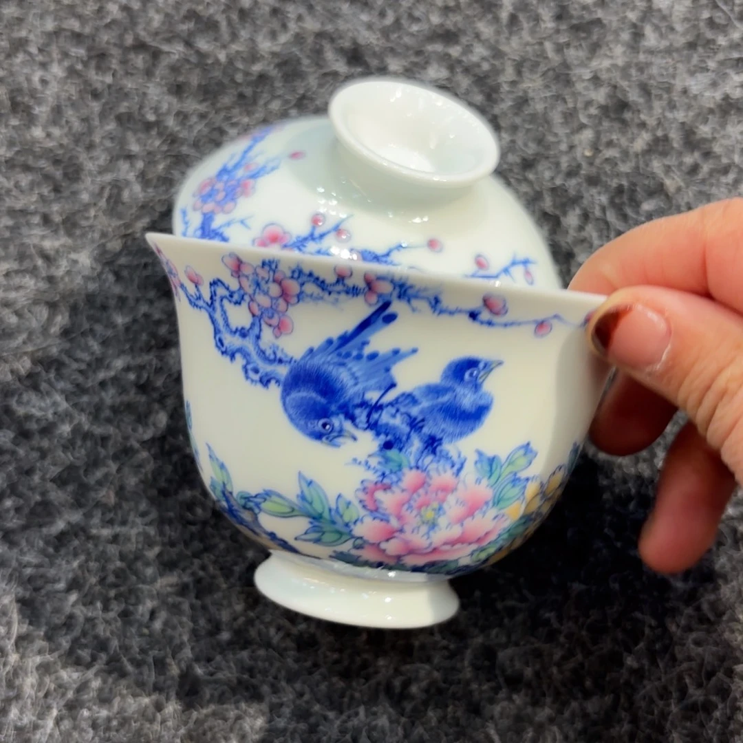 瓷斗彩花鸟喜上眉梢盖碗