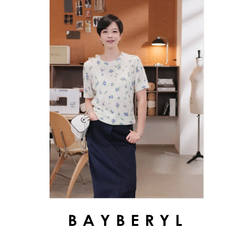 BAYBERYL老贝烂漫碎花*羊绒圆领温柔短袖秋针织衫ZZS5F2506