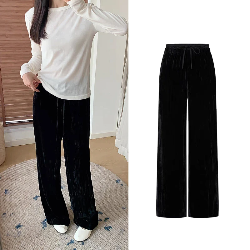 9046【M】休闲裤2025春季新品丝绒感松紧腰宽松长直筒垂感长裤女
