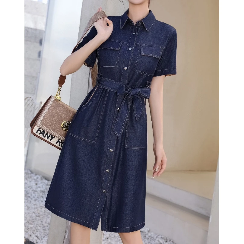 【南油玲姐】蓝色翻领短袖连衣裙L2148