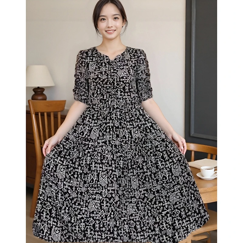 套头V领通勤印花夏季棕色连衣裙轻奢长裙收腰英伦风