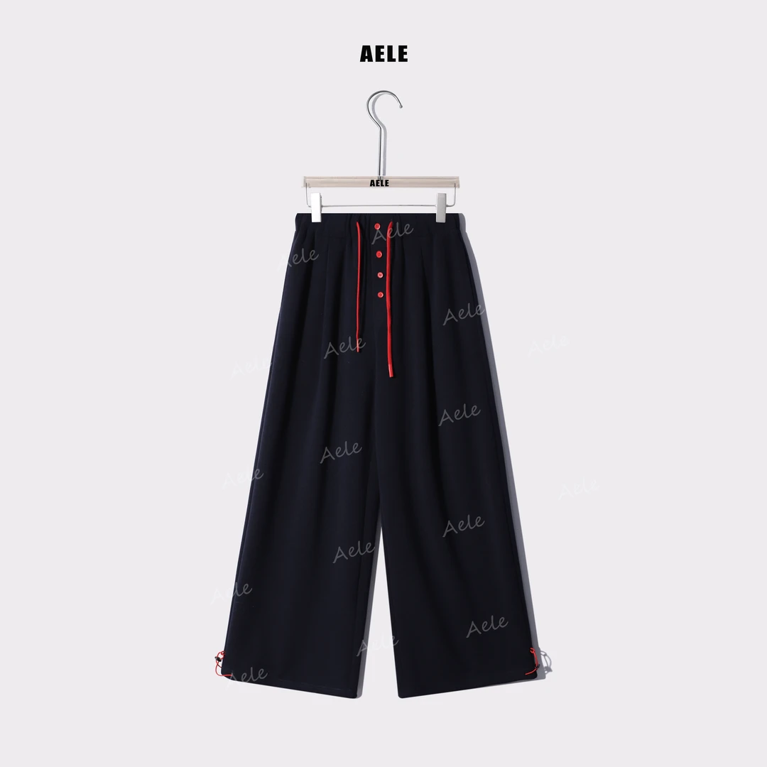 AELE【红黄扣】撞色设计抽绳松紧腰休闲阔腿裤 K853 3055 AD