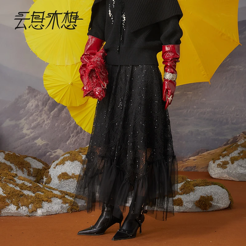 Ysimo-X云思木想 梦夜珠纱 绳绣工艺不规则网纱蕾丝半身裙12378