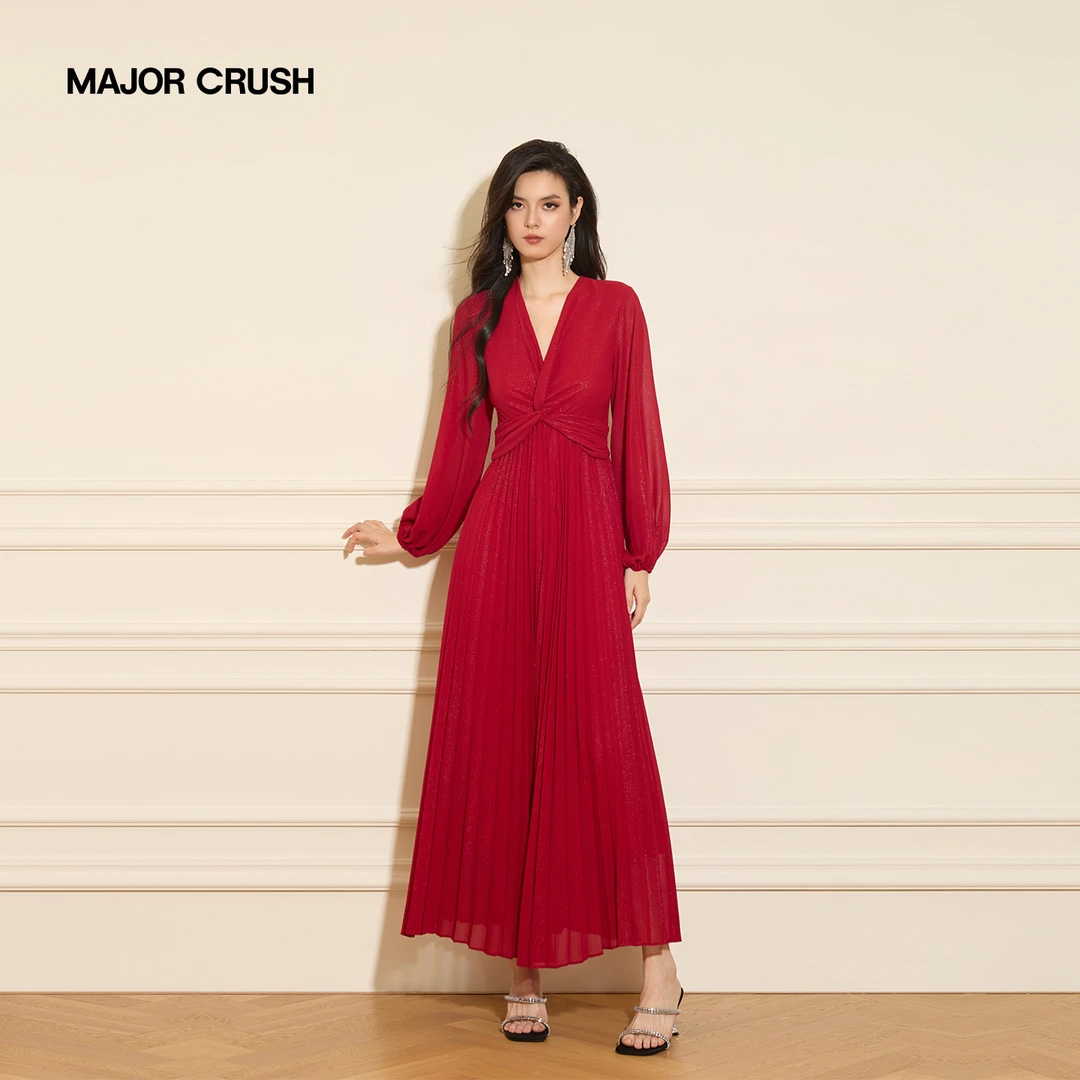 MAJOR CRUSH秋季新款时尚优雅收腰长裙巴萨诺瓦红连衣裙7578