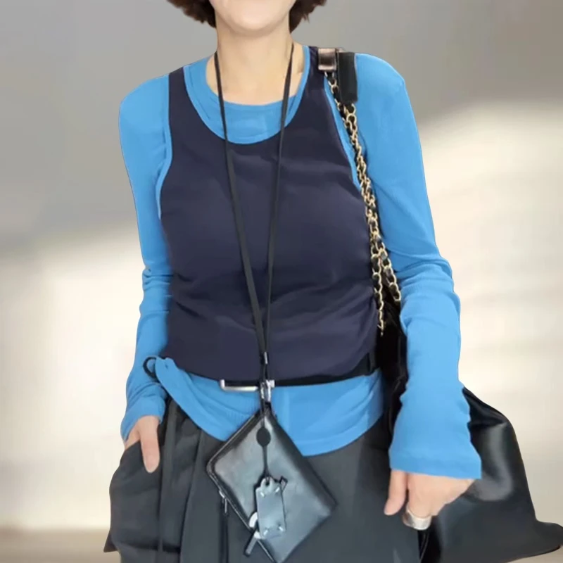 小众设计感假两件拼接撞色T恤早秋新款气质休闲风显瘦舒适上衣潮