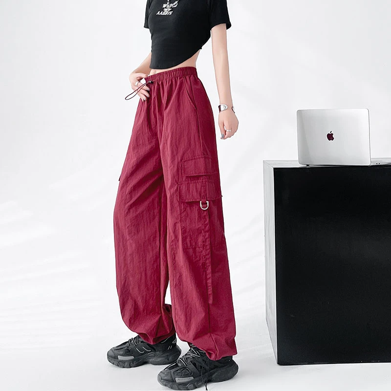 红色工装裤女春秋2025新款高腰直筒休闲宽松美式小个子速干运动裤
