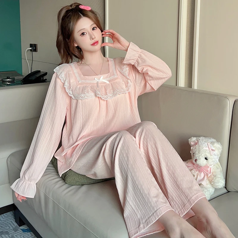 简约春秋新款方领花边甜美公主风家居服春秋季可外穿睡衣套装5033