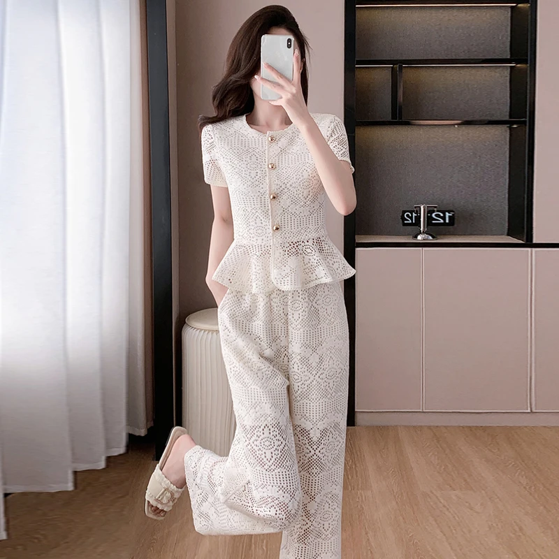2025夏季新款小众不撞款减龄洋气蕾丝上衣阔腿裤女夏装搭配一整套