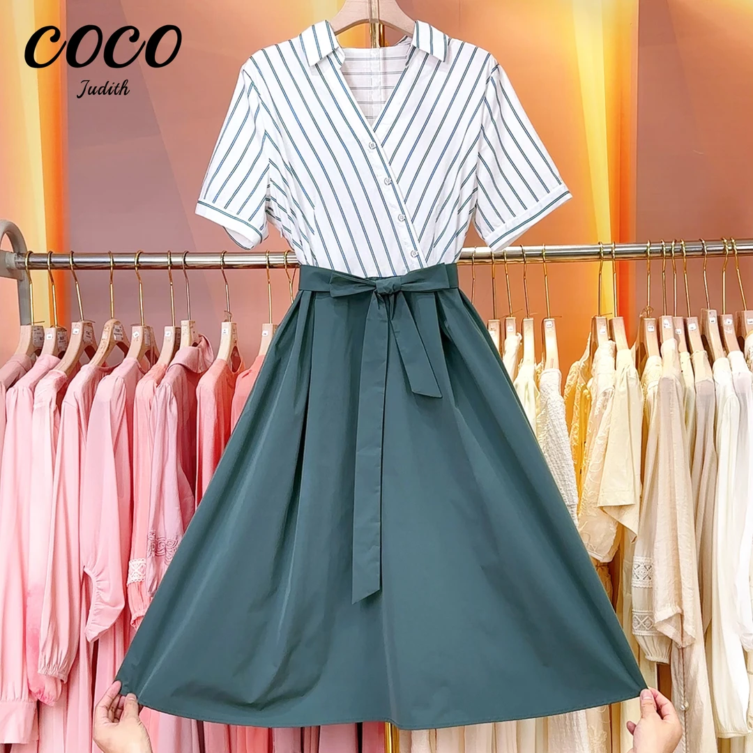 现货【RG032】2025新款夏季时法式赫本风气质显瘦斜襟条纹连衣裙