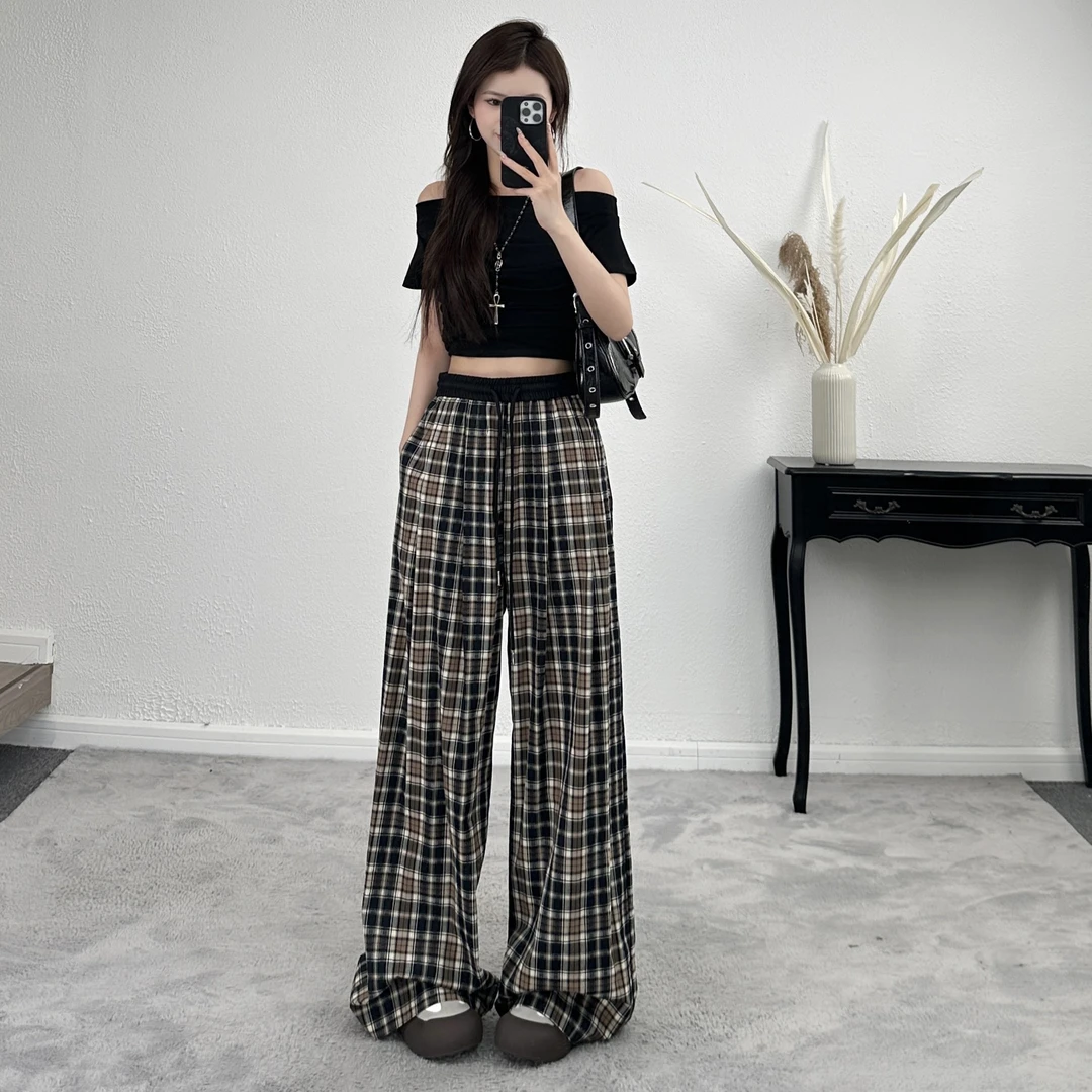 格子休闲裤女2025夏季新款低腰显瘦百搭阔腿裤复古风撞色拖地长裤