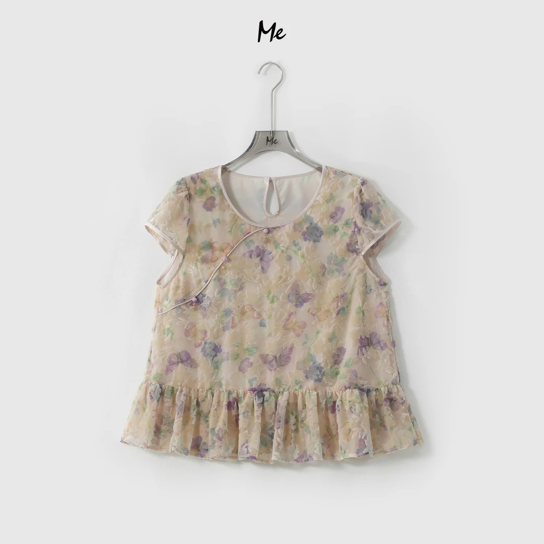 ME【紫蝶荷叶旗袍】艺术印花植绒显瘦时尚百搭新中式上衣MESS6496