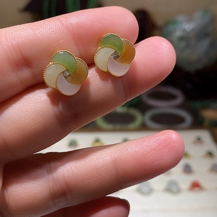 和田玉银S925镶嵌耳饰