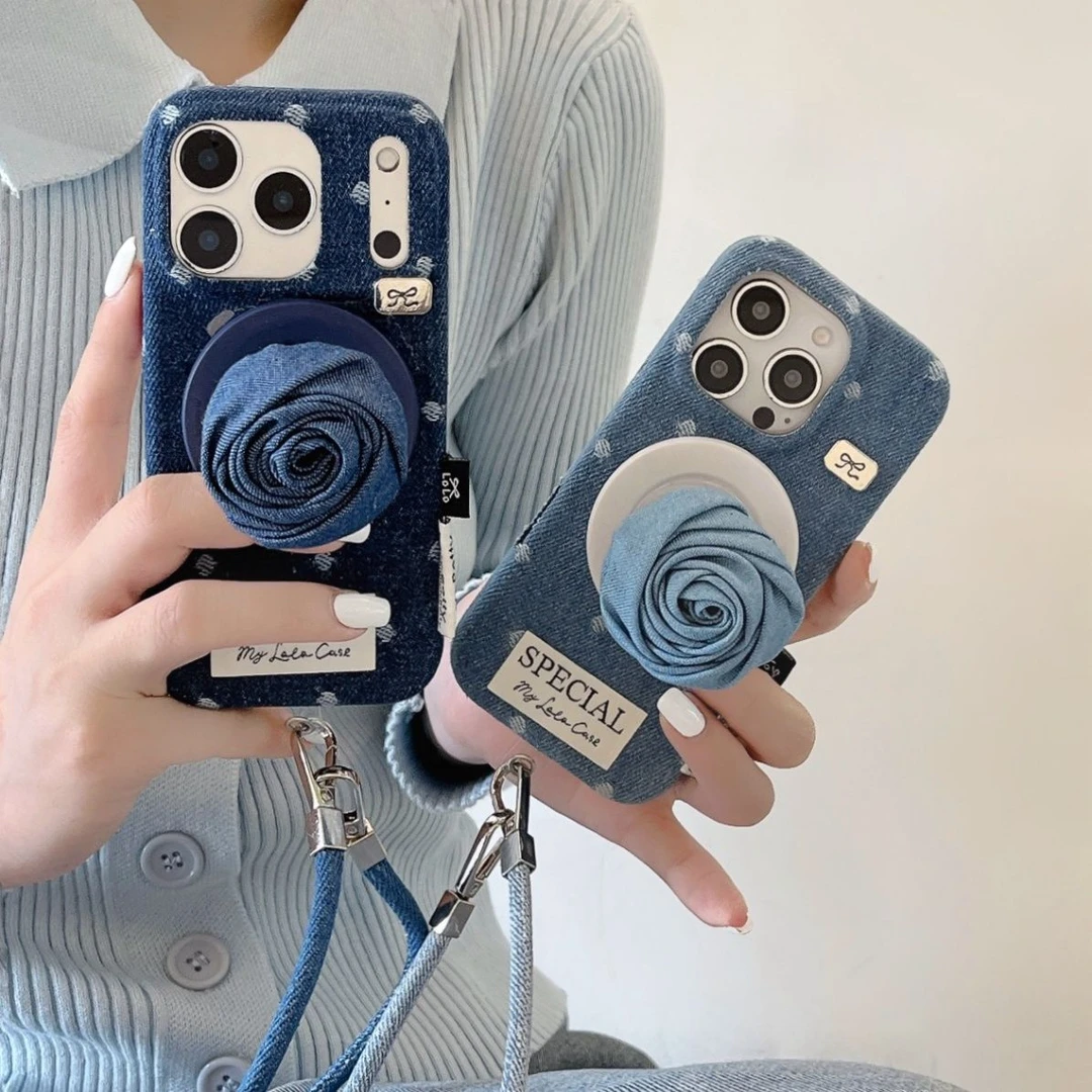 两色牛仔波点磁吸+玫瑰花磁吸支架用于苹果14可爱手机壳16pro手机