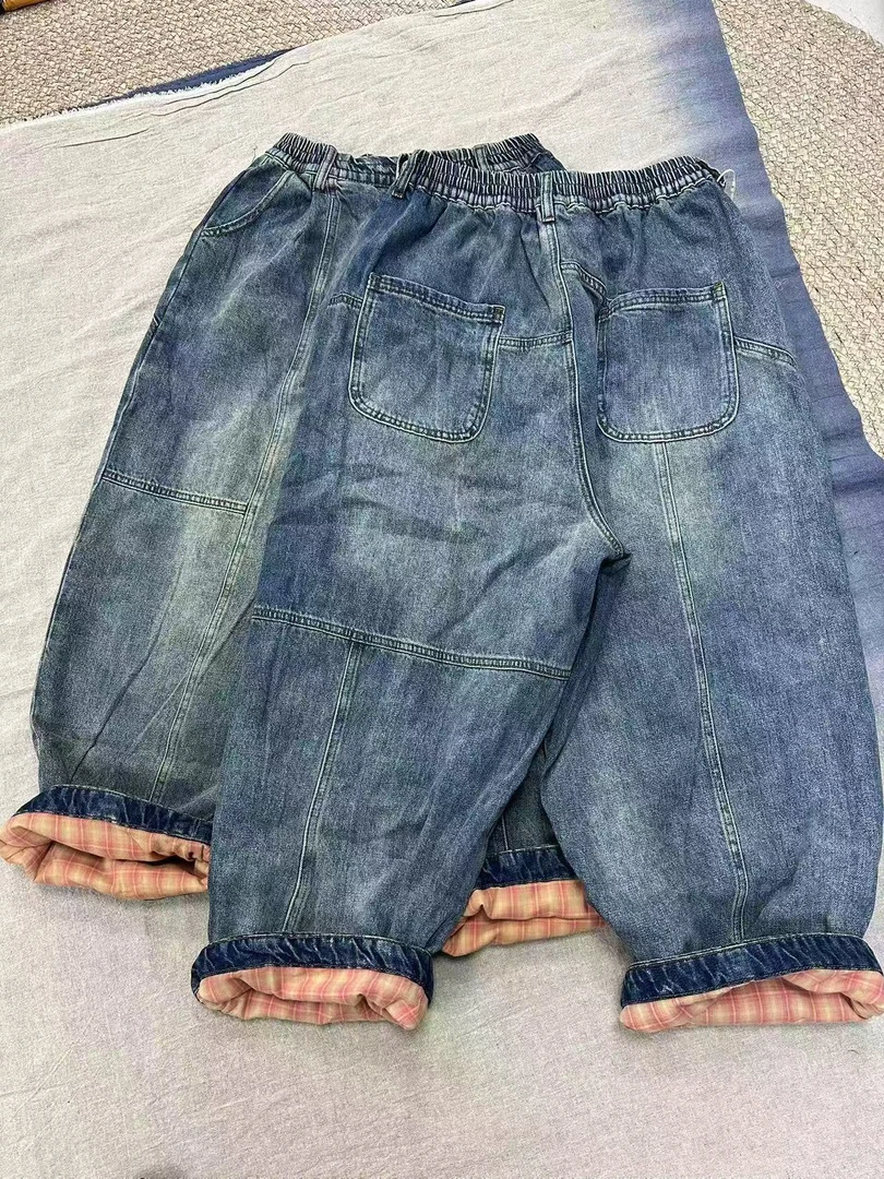 花社加厚双层内里格子牛仔裤休闲裤百搭复古宽松老爹裤松紧腰水洗