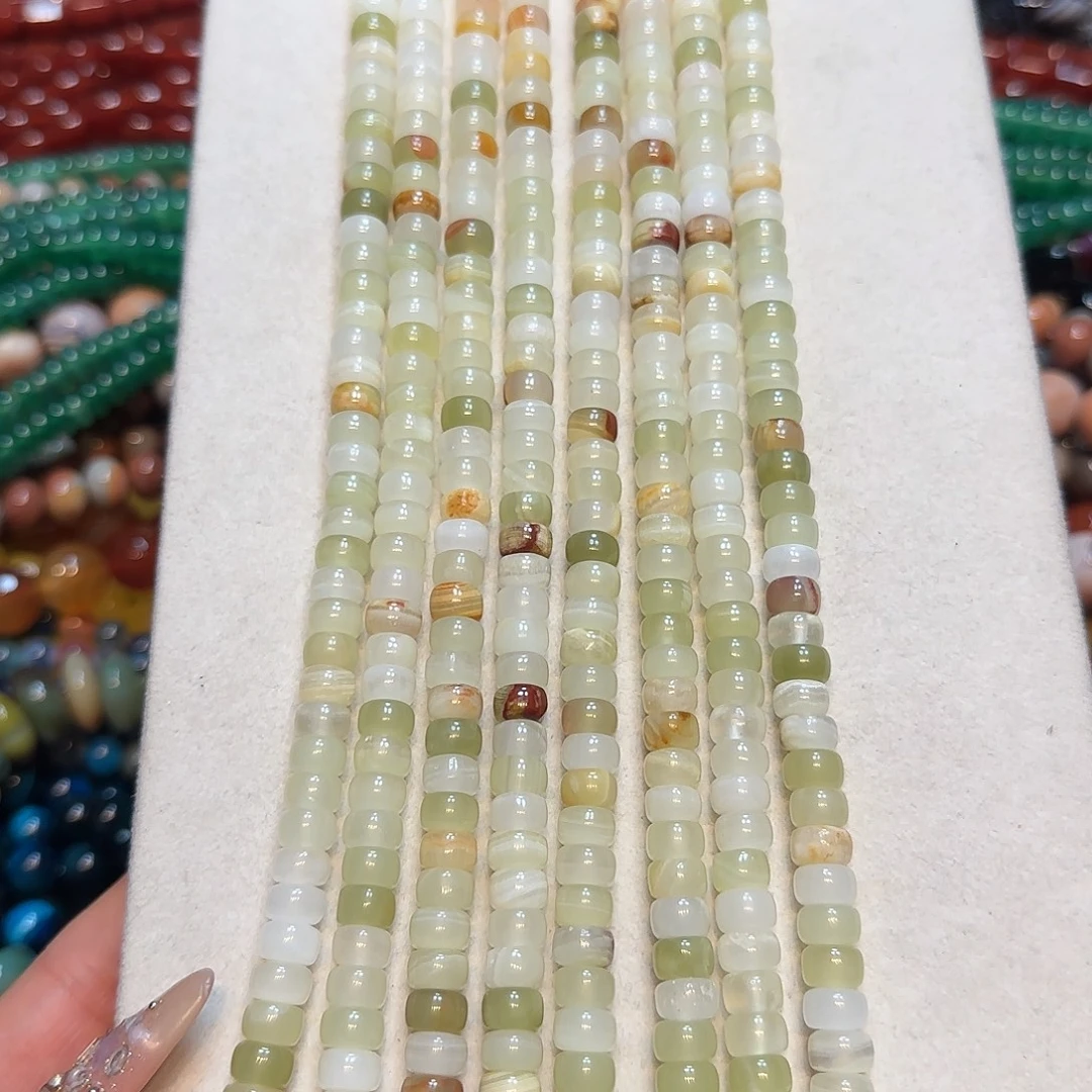 玛瑙/玉髓未镶嵌珠宝半成品4✖️7mm绿方解跺珠一条
