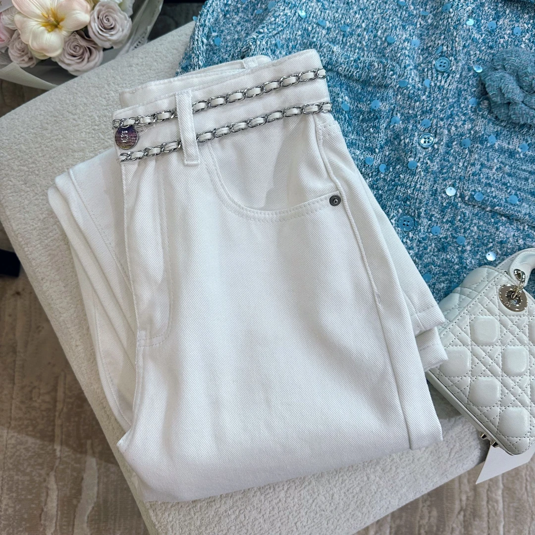 【是你大大钱】夏季小香银色小羊皮链条奶白色窄版直筒超显瘦牛仔裤