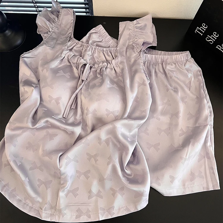 2025年紫色蝴蝶结小飞袖冰丝睡衣女夏季带胸垫背心短裤居家服女生