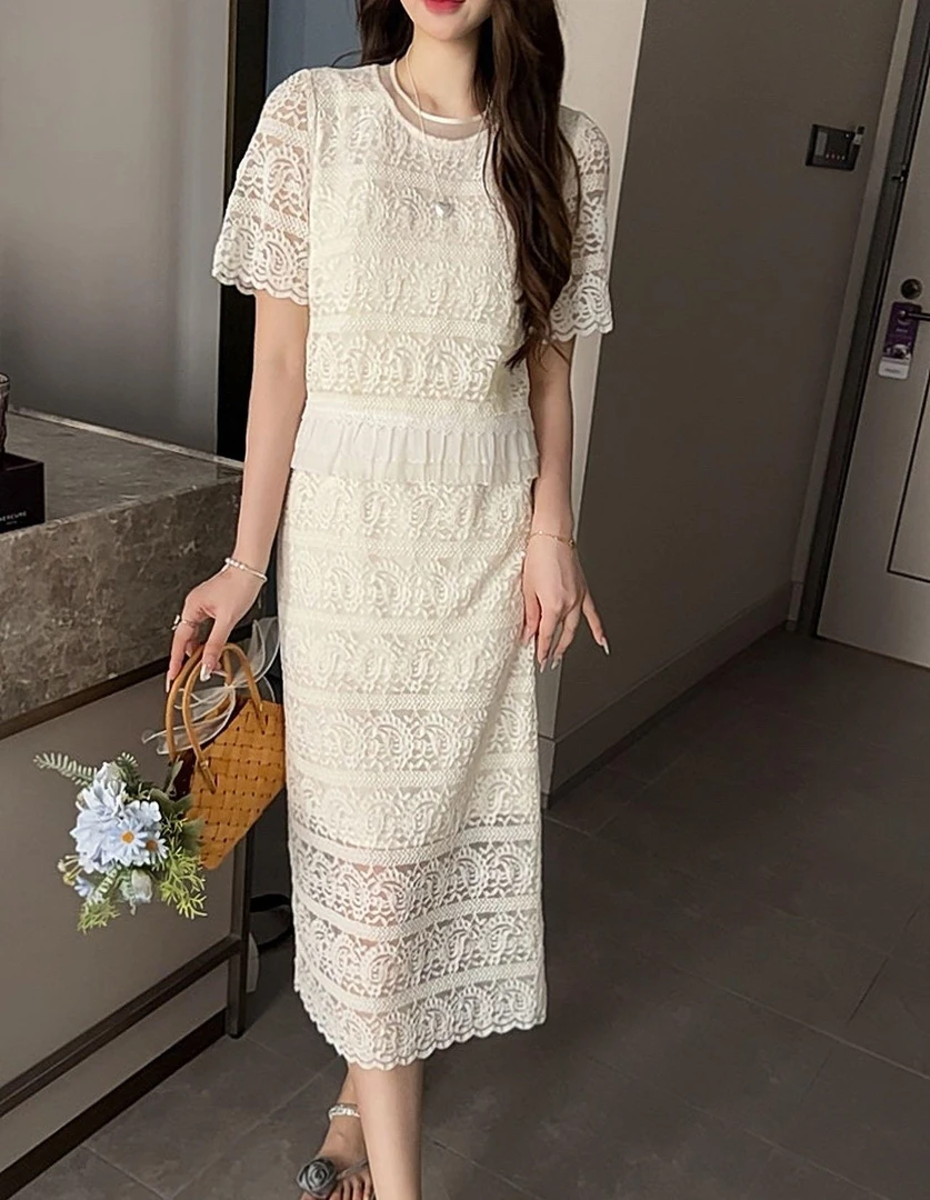 蕾丝拼接假两件中长款连衣裙2571
