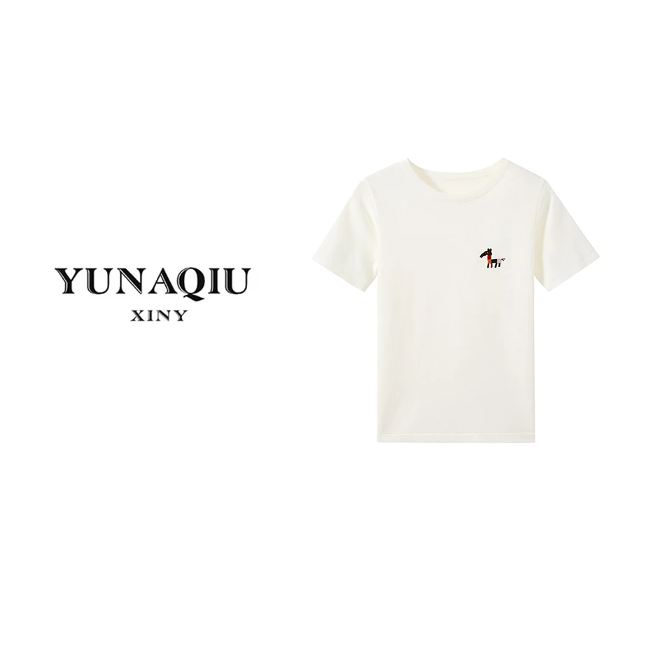 YUNAQIU-重工小马刺绣夏季新款冰凉针织短袖T恤宽松减龄上衣-2642