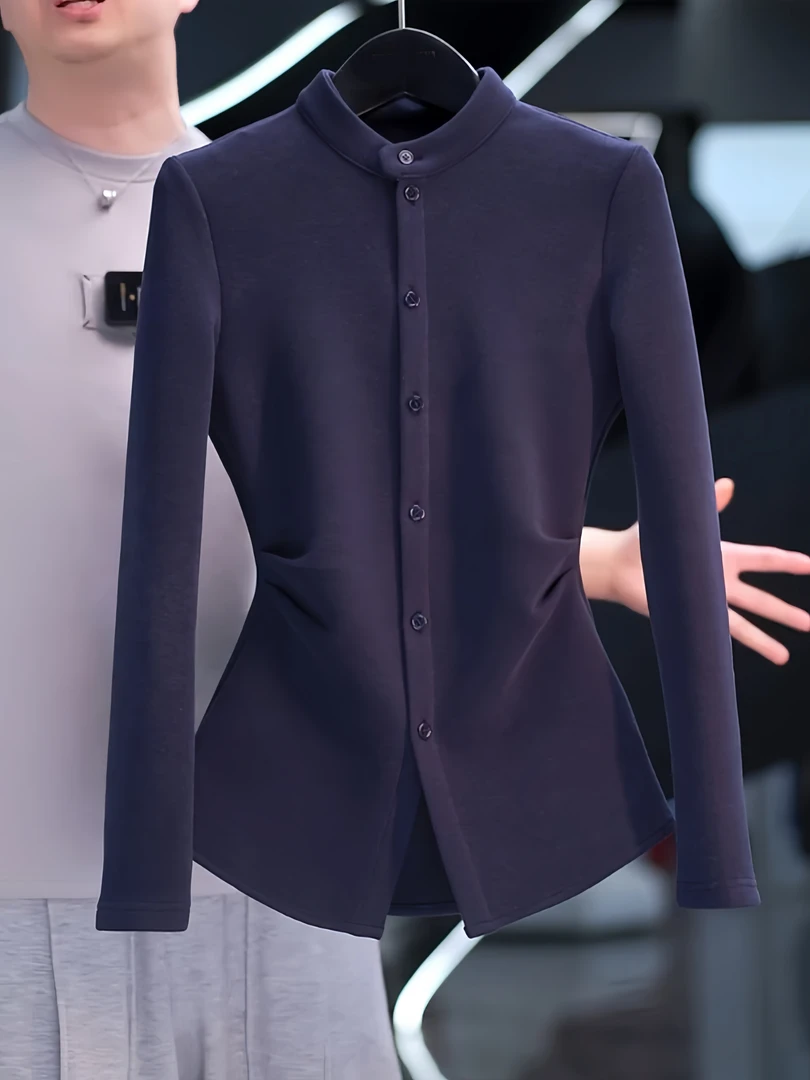 高级感烟囱领长袖t恤女秋冬季2025新款收腰上衣藏青色打底衫内搭