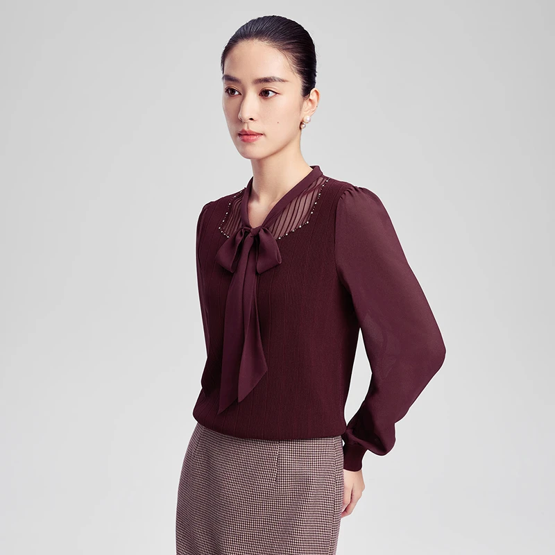 【晨粉专享价】赢智尚紫罗兰飘带领针织衫职场时尚温柔ZZ00419