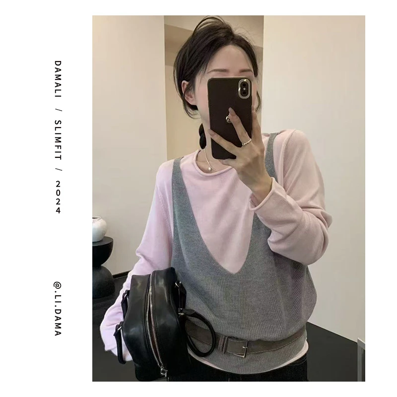 大码利-春上新【吊带假两件】韩系设计款春夏显瘦长袖百搭休闲T恤女