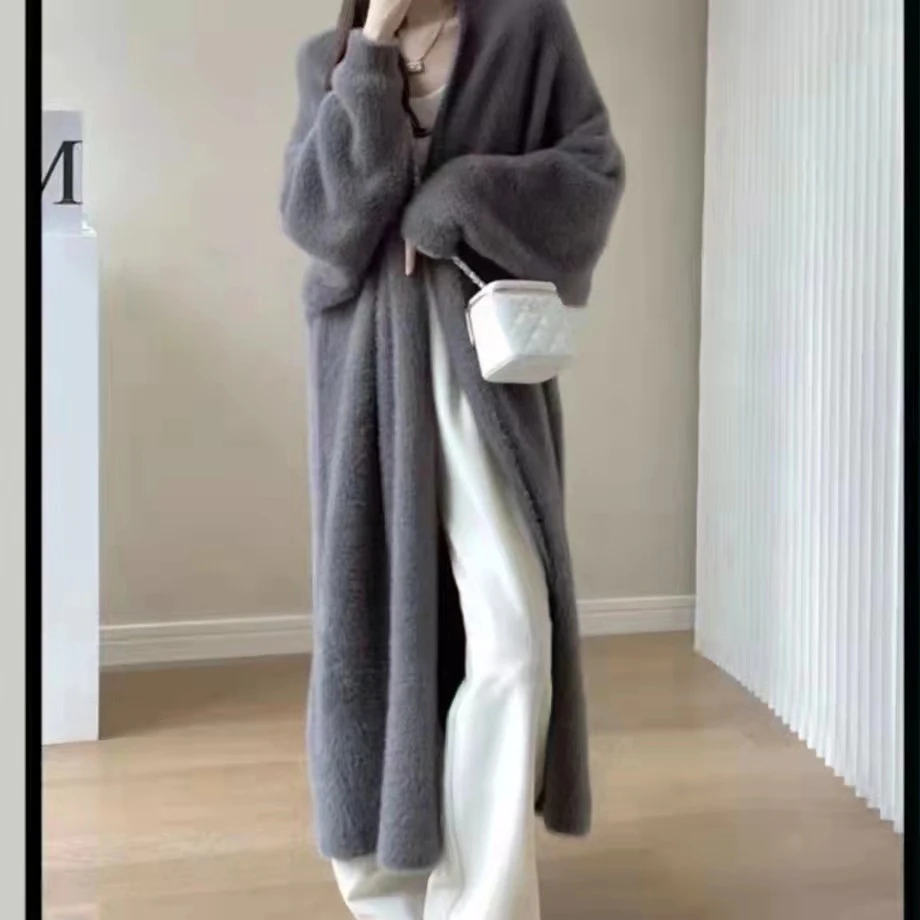 仿水貂绒毛衣针织衫外套女秋冬加厚中长款宽松慵懒风过膝开衫上衣