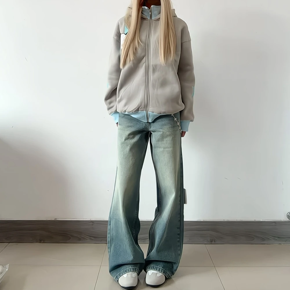 46ik美式街舞冰蓝水洗蓝牛弯刀裤牛仔裤男女宽松直筒裤子长裤